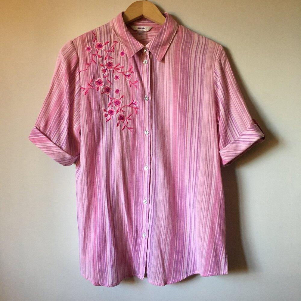 Vintage Alia Pink Striped Floral Embroidered Button Down Blouse Top 10 🌸